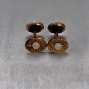 Vintage Gold Tone Oval Cufflinks – Faux Moonstone Center with Engraved Design